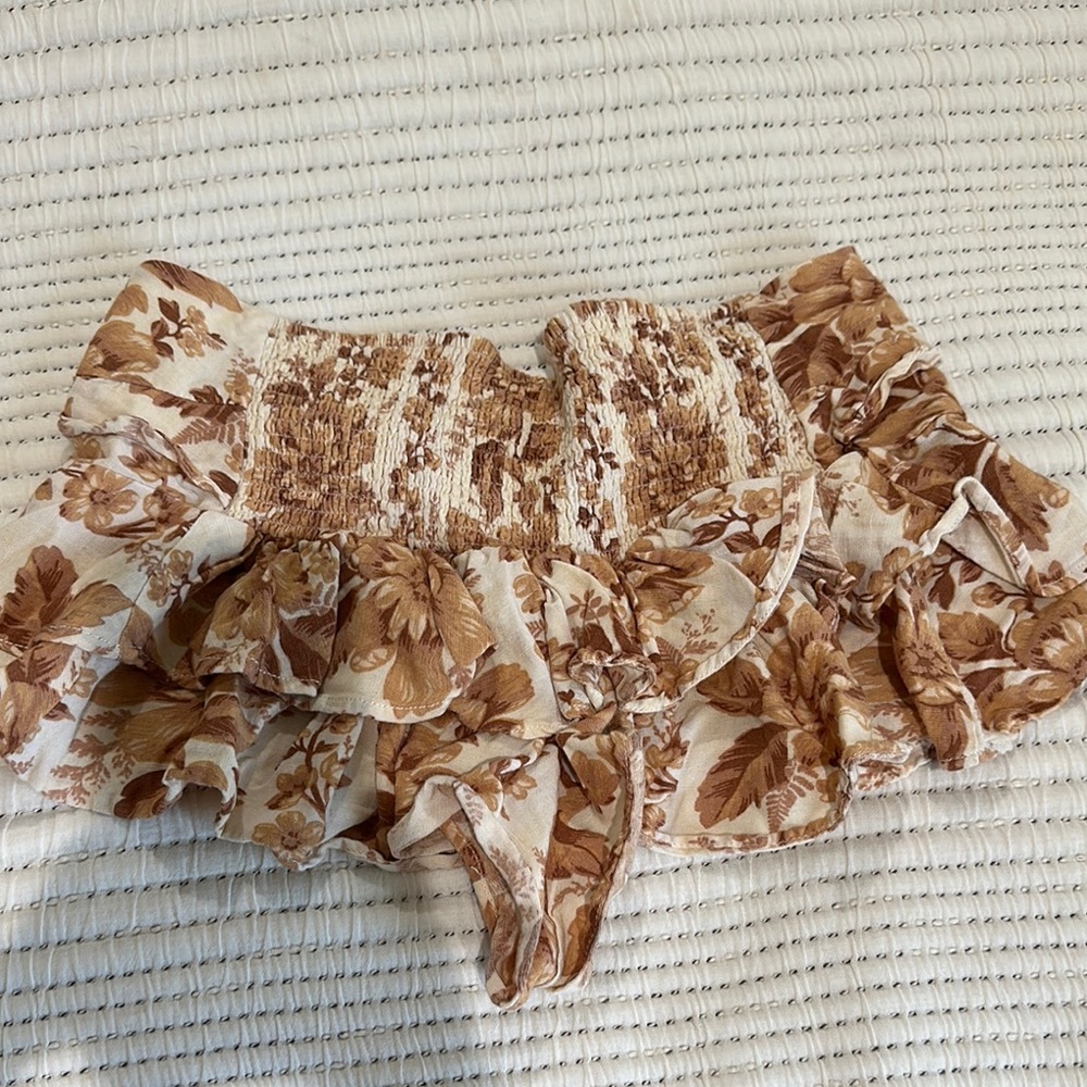Free People Floral Ruffle Skort in Brown and Cream